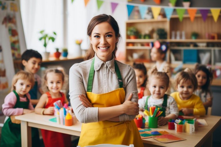 Lehrerin vor Kindern am Basteltisch