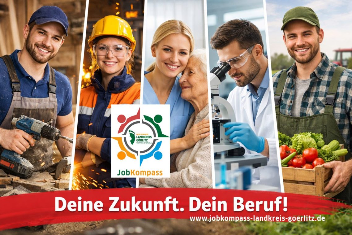Jobkompass Landkreis Görlitz Deine Zukunft. Dein Beruf. Menschen in verschiedenen Berufen zeigen Vielfalt: Handwerk, Wissenschaft, Landwirtschaft.