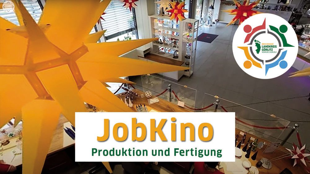 JobKino im Jobkompass Innenansicht eines Veranstaltungsorts mit Sternen und dem Schriftzug "JobKino Produktion und Fertigung".
